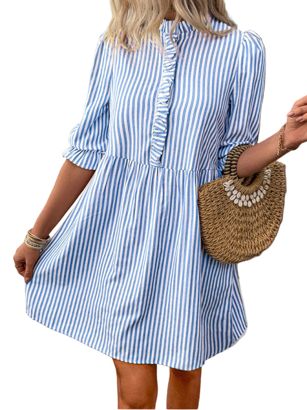 TEEK - Blue Puff Sleeve Stand Collar Striped Dress DRESS TEEK K S