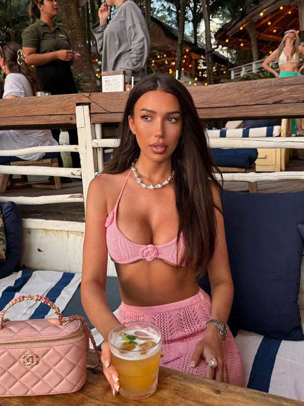 TEEK - Pink Two-Piece Flower Long Skirt Crocheted Set SWIMWEAR TEEK K