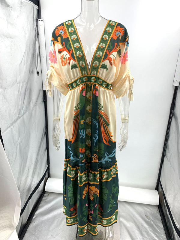 TEEK - Green V-Neck Retro Ethnic Print Linen Dress DRESS TEEK K