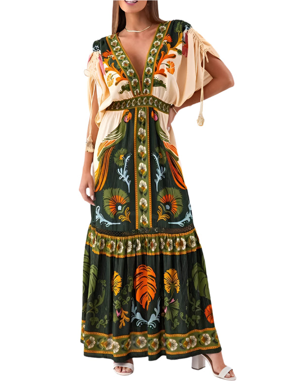 TEEK - Green V-Neck Retro Ethnic Print Linen Dress DRESS TEEK K S