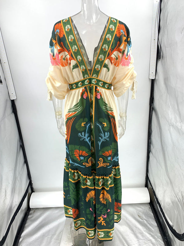 TEEK - Green V-Neck Retro Ethnic Print Linen Dress DRESS TEEK K