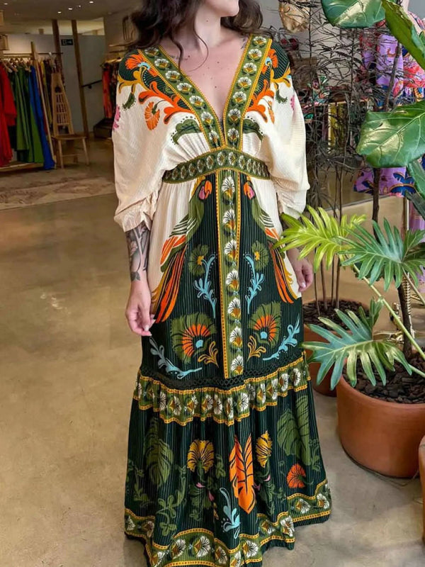 TEEK - Green V-Neck Retro Ethnic Print Linen Dress DRESS TEEK K