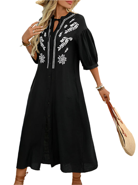 TEEK - Black Ethnic Loose 5pt Sleeve Embroidered Dress DRESS TEEK K S