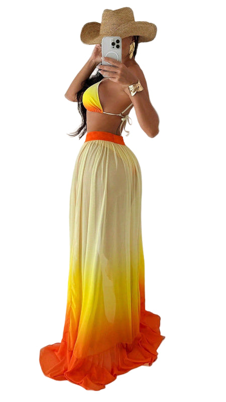 TEEK - Three-Point Gradient Sunset Yellow RedRuffled Hem Bikini SWIMWEAR TEEK K