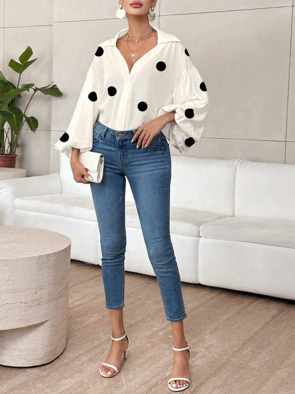 TEEK - Polka Dot Puff-Sleeved Semi-Open Collar Blouse TOPS TEEK K