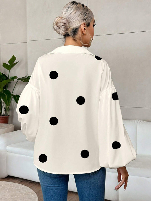 TEEK - Polka Dot Puff-Sleeved Semi-Open Collar Blouse TOPS TEEK K