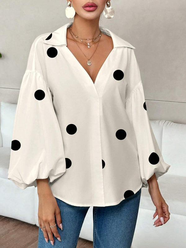 TEEK - Polka Dot Puff-Sleeved Semi-Open Collar Blouse TOPS TEEK K