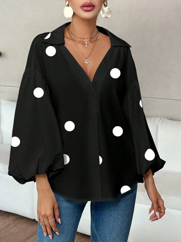 TEEK - Polka Dot Puff-Sleeved Semi-Open Collar Blouse TOPS TEEK K