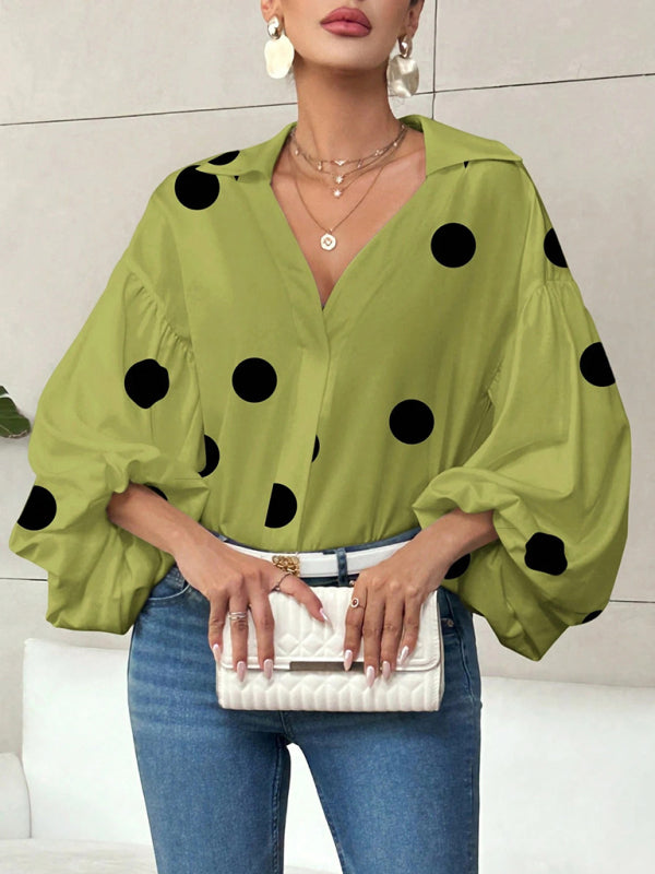 TEEK - Polka Dot Puff-Sleeved Semi-Open Collar Blouse TOPS TEEK K Green S