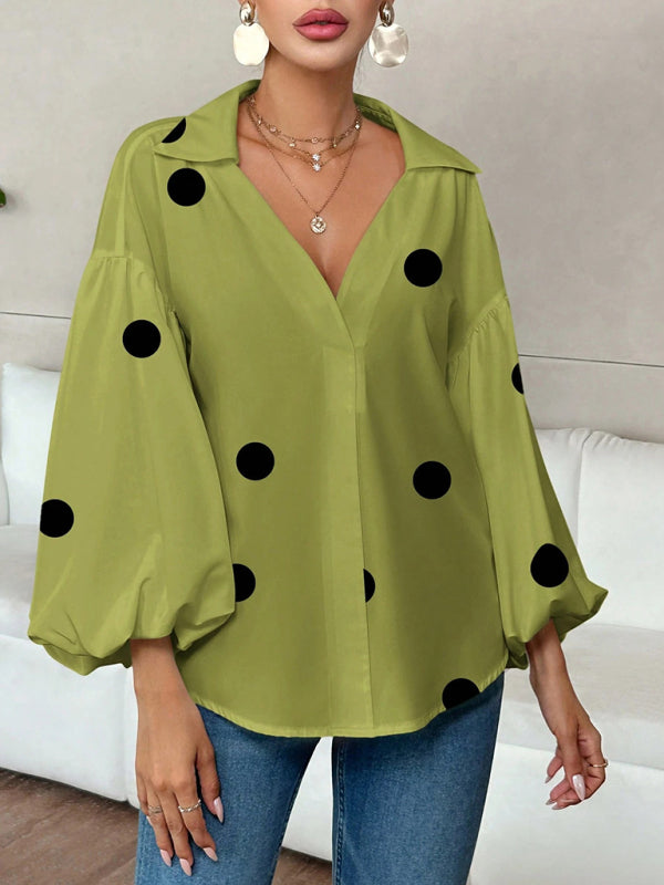 TEEK - Polka Dot Puff-Sleeved Semi-Open Collar Blouse TOPS TEEK K