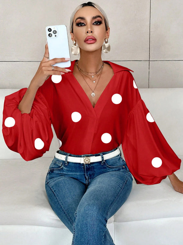 TEEK - Polka Dot Puff-Sleeved Semi-Open Collar Blouse TOPS TEEK K
