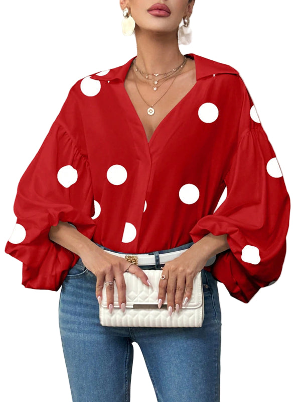TEEK - Polka Dot Puff-Sleeved Semi-Open Collar Blouse TOPS TEEK K Red S