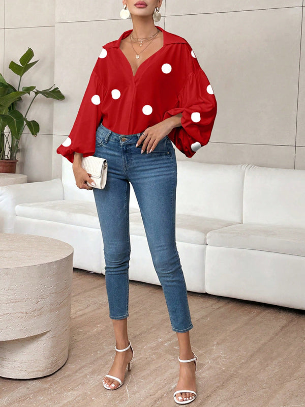 TEEK - Polka Dot Puff-Sleeved Semi-Open Collar Blouse TOPS TEEK K