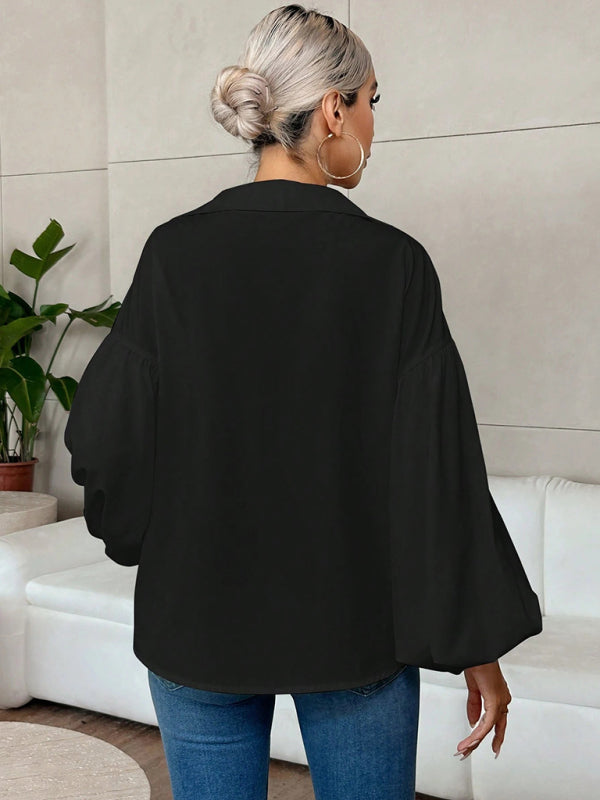 TEEK - Long Puff-Sleeved Semi-Open Collar TOPS TEEK K