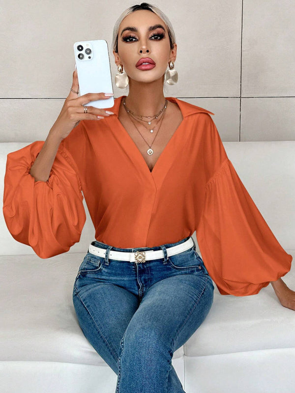 TEEK - Long Puff-Sleeved Semi-Open Collar TOPS TEEK K