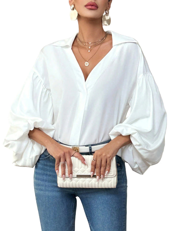 TEEK - Long Puff-Sleeved Semi-Open Collar TOPS TEEK K White S