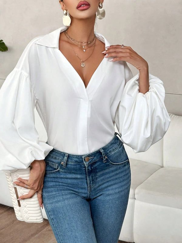 TEEK - Long Puff-Sleeved Semi-Open Collar TOPS TEEK K