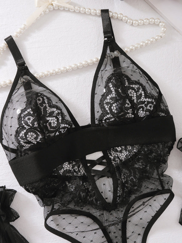 TEEK - Black Polka Dot Mesh Lace Low-Cut Wireless Bodysuit Set LINGERIE TEEK K
