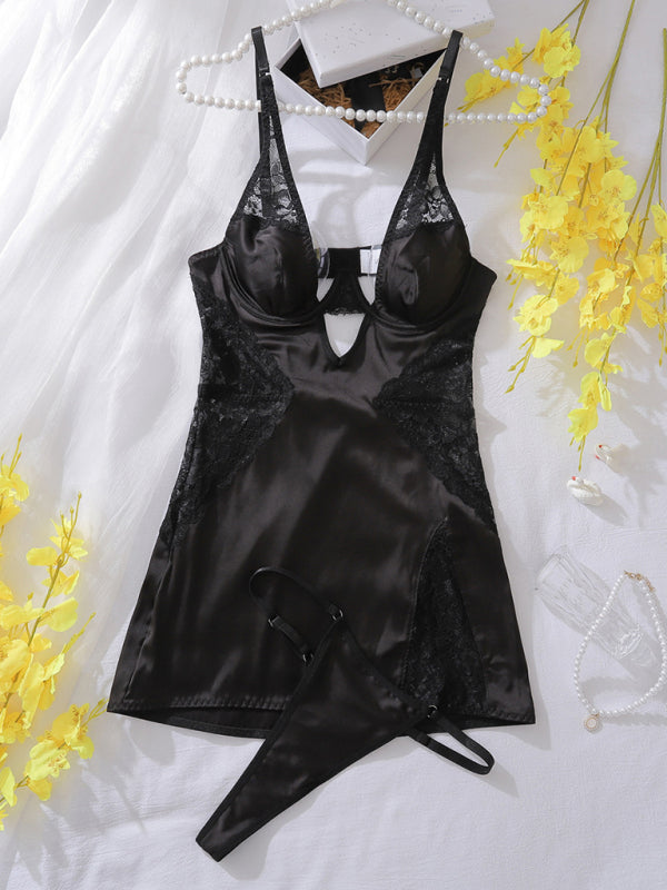 TEEK - Lace Strap Tank Dress Two-Piece Set LINGERIE TEEK K Black S