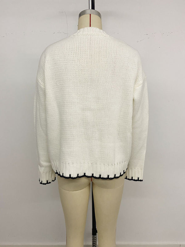 TEEK - Cream Round Neck Long Sleeve Striped Contrast Sweater TOPS TEEK K