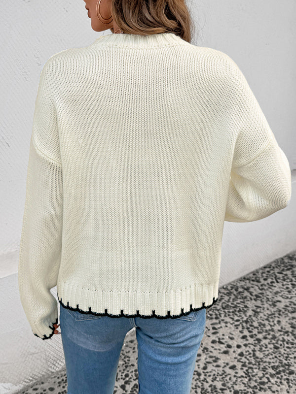 TEEK - Cream Round Neck Long Sleeve Striped Contrast Sweater TOPS TEEK K