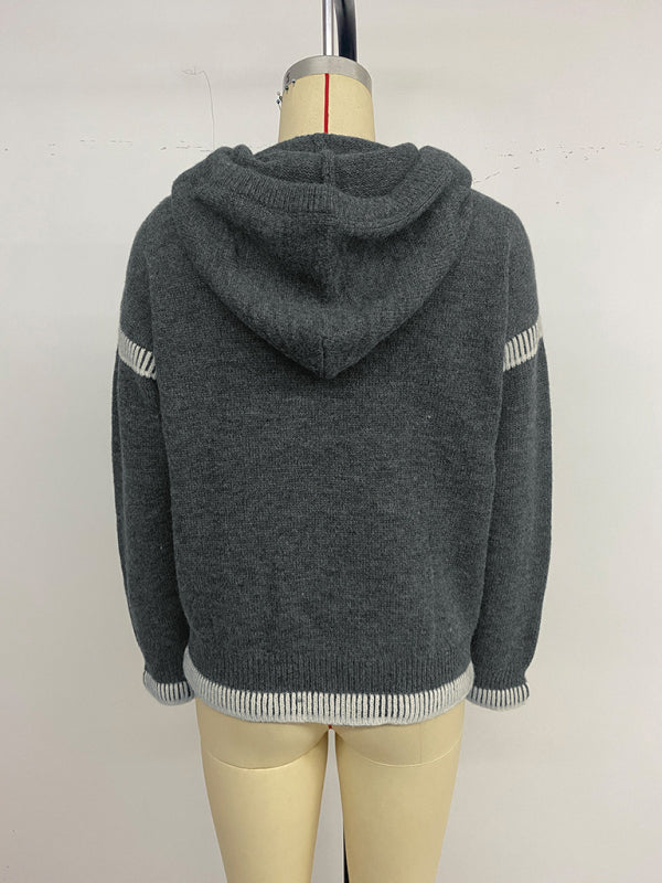 TEEK - V-Neck Hooded Dark Grey Contrasting Trim Sweater TOPS TEEK K