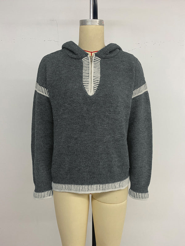 TEEK - V-Neck Hooded Dark Grey Contrasting Trim Sweater TOPS TEEK K