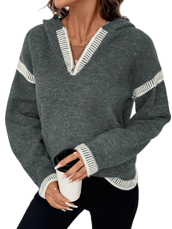 TEEK - V-Neck Hooded Dark Grey Contrasting Trim Sweater TOPS TEEK K S