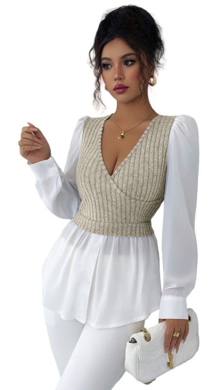 TEEK - Patchwork Long-Sleeved Vest Shirt TOPS TEEK K Cracker khaki S