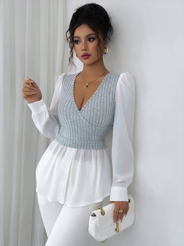 TEEK - Patchwork Long-Sleeved Vest Shirt TOPS TEEK K Flecking gray S