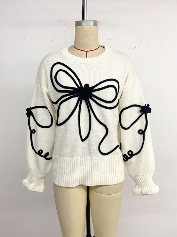 TEEK - White Loose Bow Decorated Round Neck Sweater TOPS TEEK K