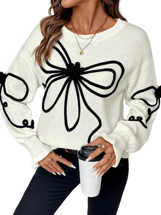 TEEK - White Loose Bow Decorated Round Neck Sweater TOPS TEEK K S