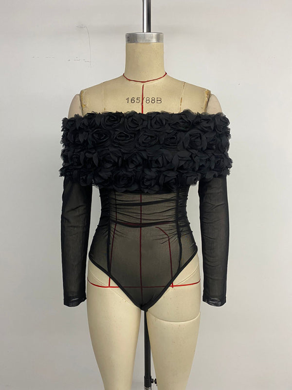 TEEK - Black Hottie Sheer Off-Shoulder 3D Flower Bodysuit TOPS TEEK K