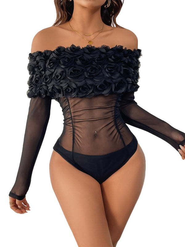 TEEK - Black Hottie Sheer Off-Shoulder 3D Flower Bodysuit TOPS TEEK K S