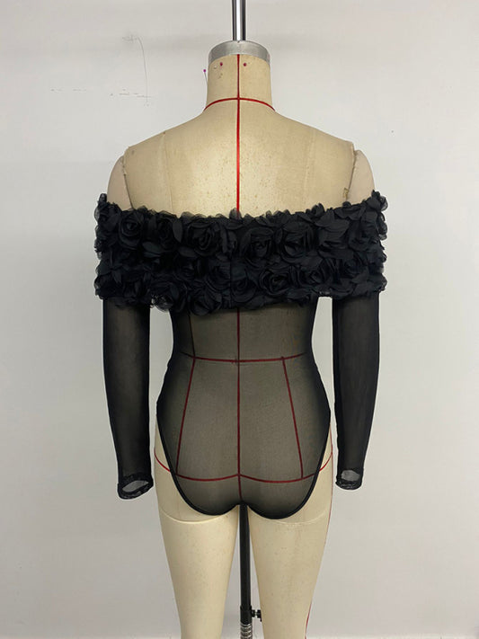 TEEK - Black Hottie Sheer Off-Shoulder 3D Flower Bodysuit TOPS TEEK K