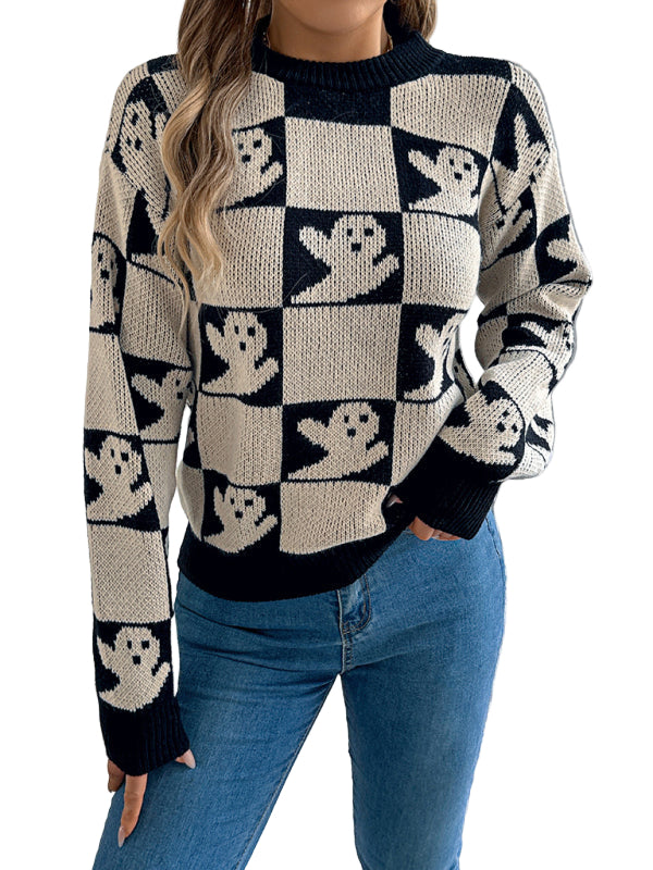 TEEK - Khaki Halloween Plaid Long Sleeve Pullover Sweater TOPS TEEK K S