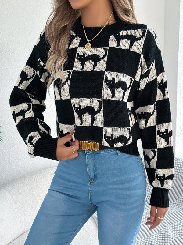 TEEK - Black Halloween Plaid Cat Long Sleeve Pullover Sweater TOPS TEEK K