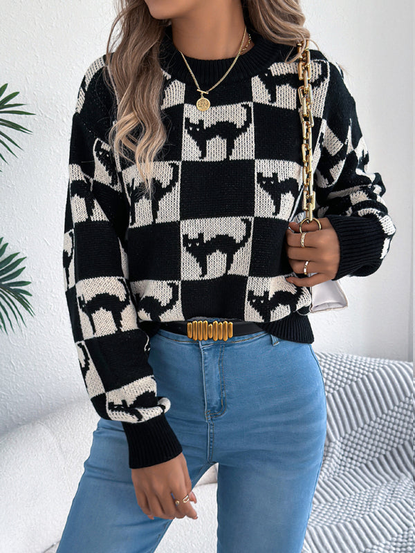 TEEK - Black Halloween Plaid Cat Long Sleeve Pullover Sweater TOPS TEEK K