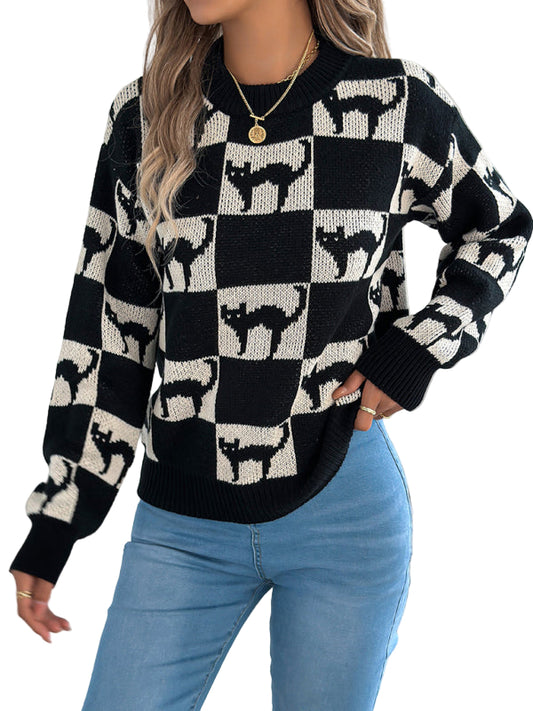 TEEK - Black Halloween Plaid Cat Long Sleeve Pullover Sweater TOPS TEEK K S
