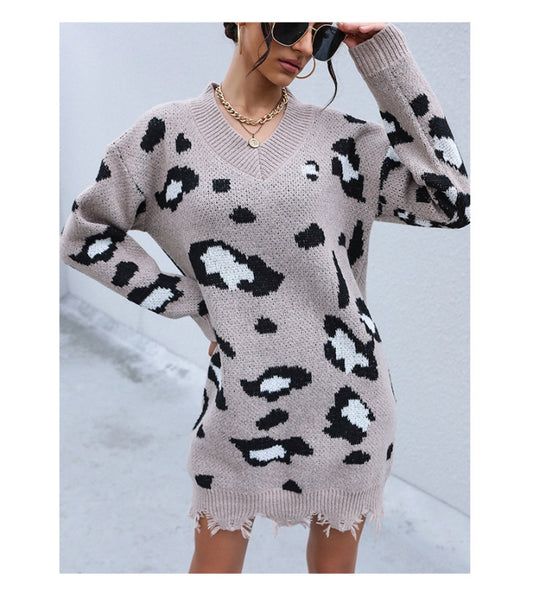 TEEK - Khaki Knit V-Neck Shabby Leopard Sweater Dress DRESS TEEK K S  