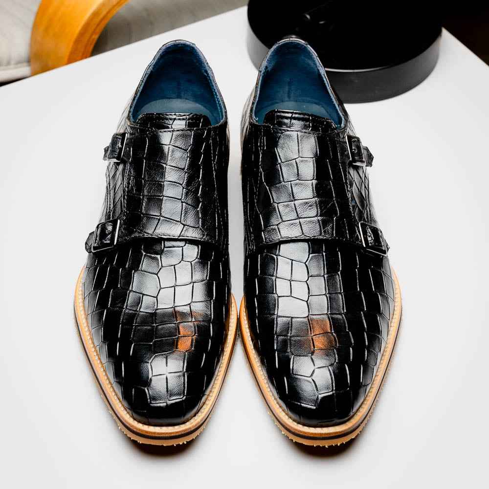 TEEK - 55-112-BLK LEGERRA Hand Burnished Crocodile Print Monkstrap Black SHOES TEEK ZI