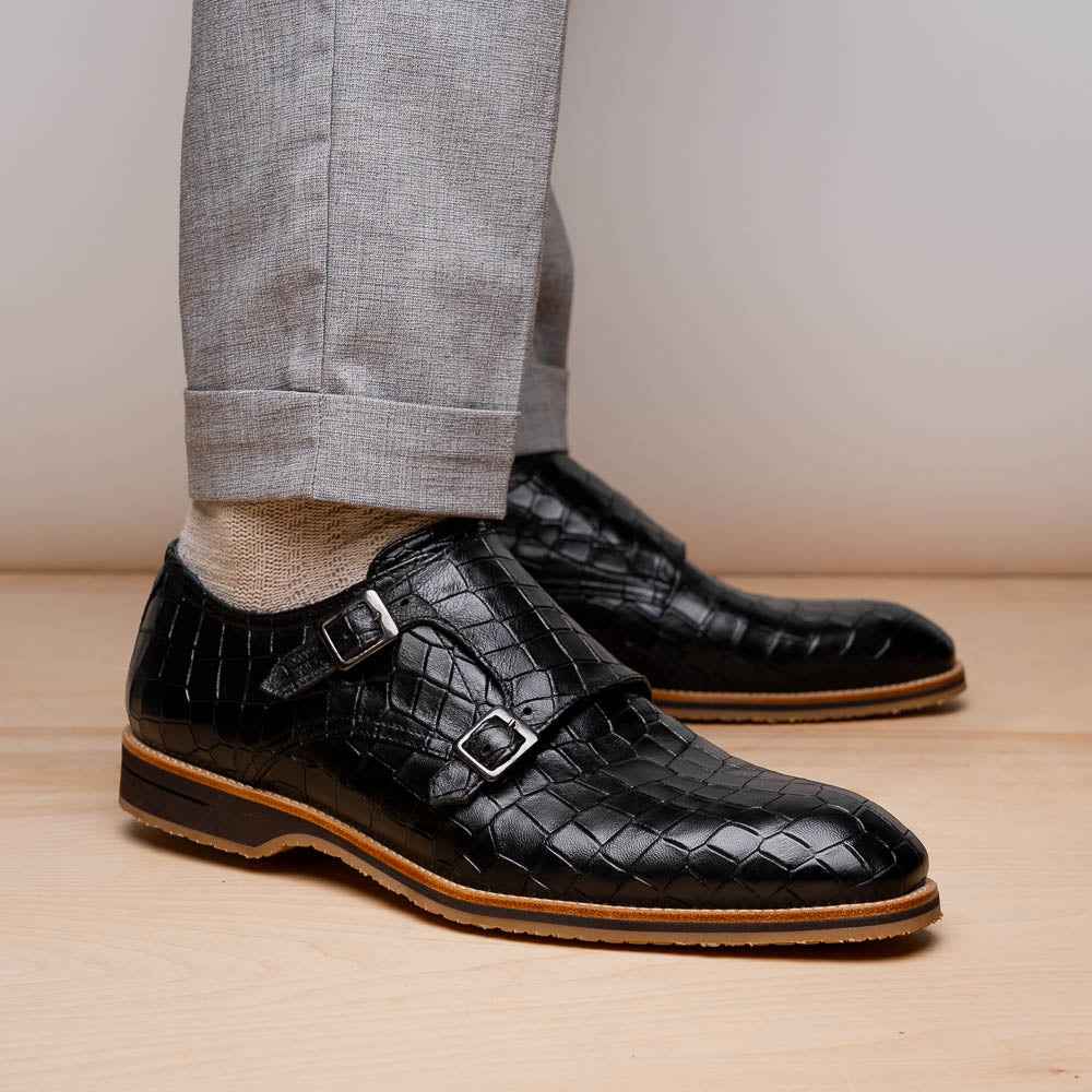 TEEK - 55-112-BLK LEGERRA Hand Burnished Crocodile Print Monkstrap Black SHOES TEEK ZI