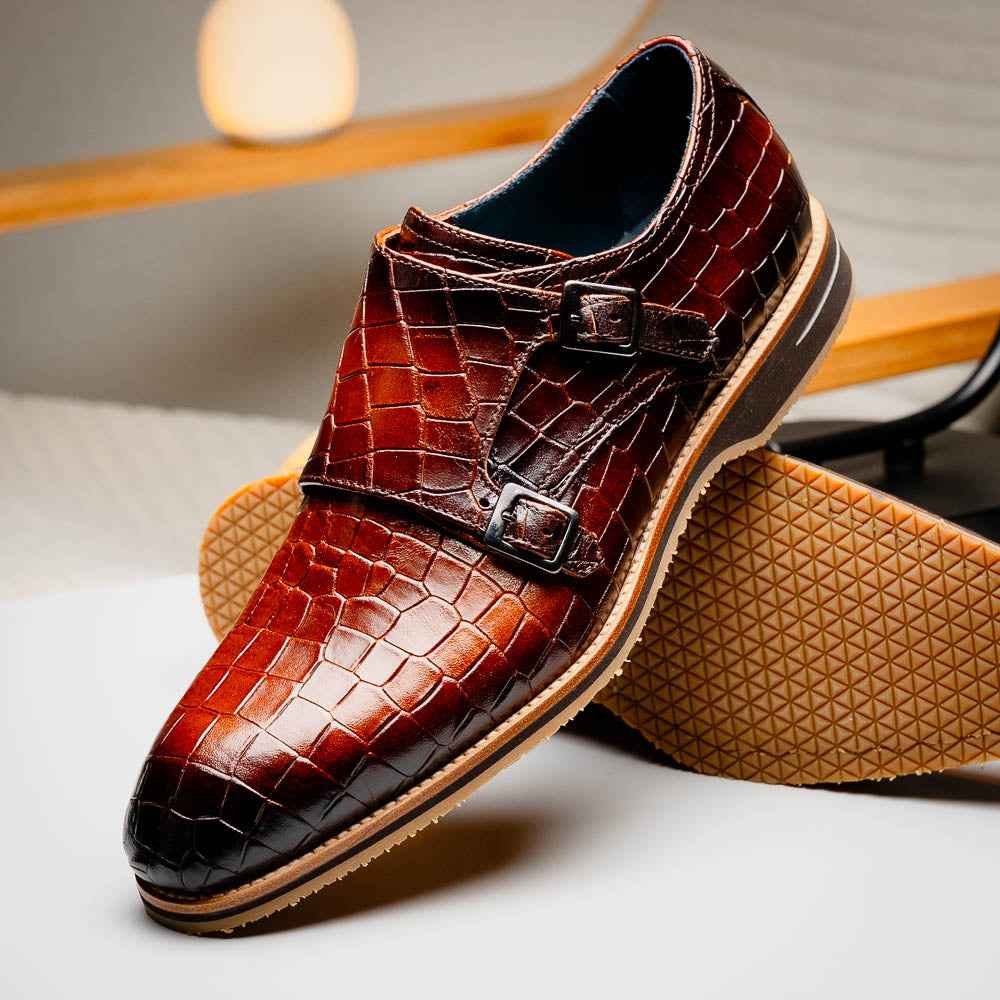 TEEK - 55-112-CGN LEGERRA Hand Burnished Crocodile Print Monkstrap Cognac SHOES TEEK ZI