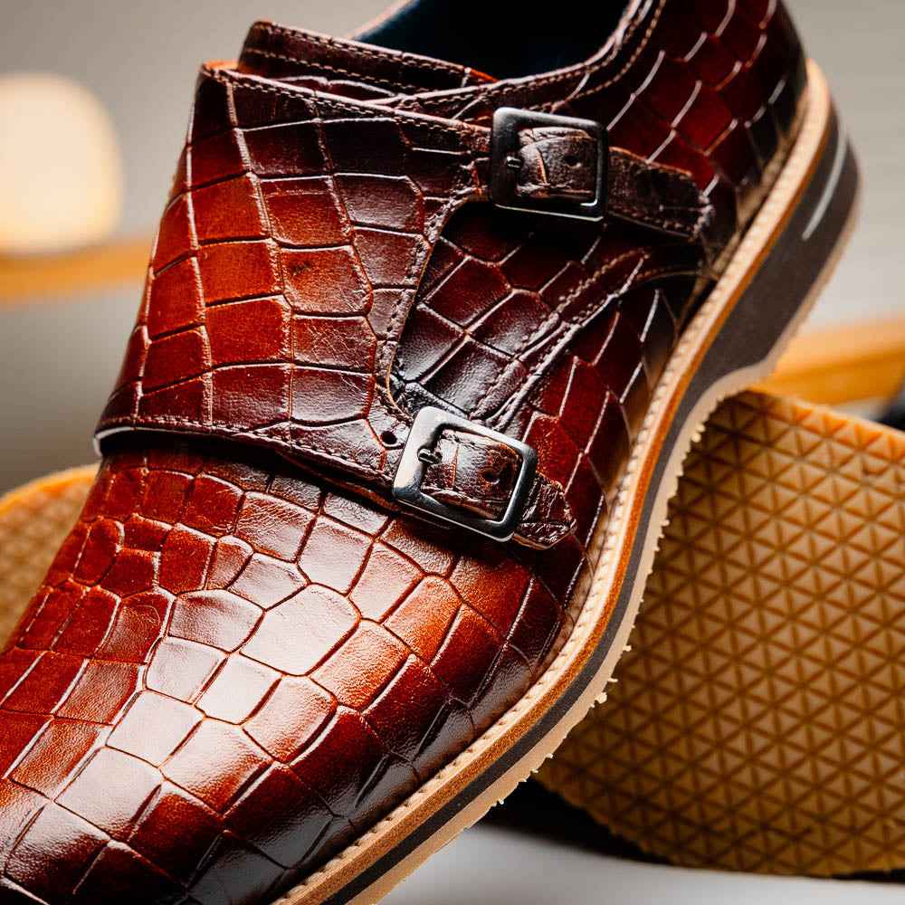 TEEK - 55-112-CGN LEGERRA Hand Burnished Crocodile Print Monkstrap Cognac SHOES TEEK ZI