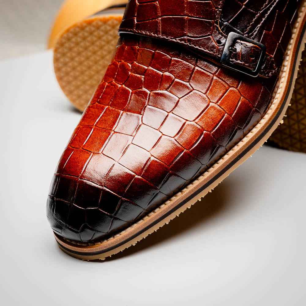 TEEK - 55-112-CGN LEGERRA Hand Burnished Crocodile Print Monkstrap Cognac SHOES TEEK ZI