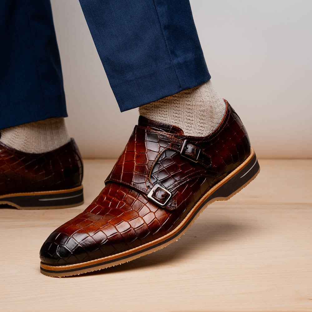 TEEK - 55-112-CGN LEGERRA Hand Burnished Crocodile Print Monkstrap Cognac SHOES TEEK ZI