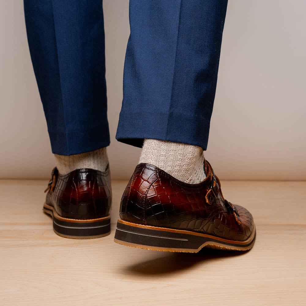 TEEK - 55-112-CGN LEGERRA Hand Burnished Crocodile Print Monkstrap Cognac SHOES TEEK ZI