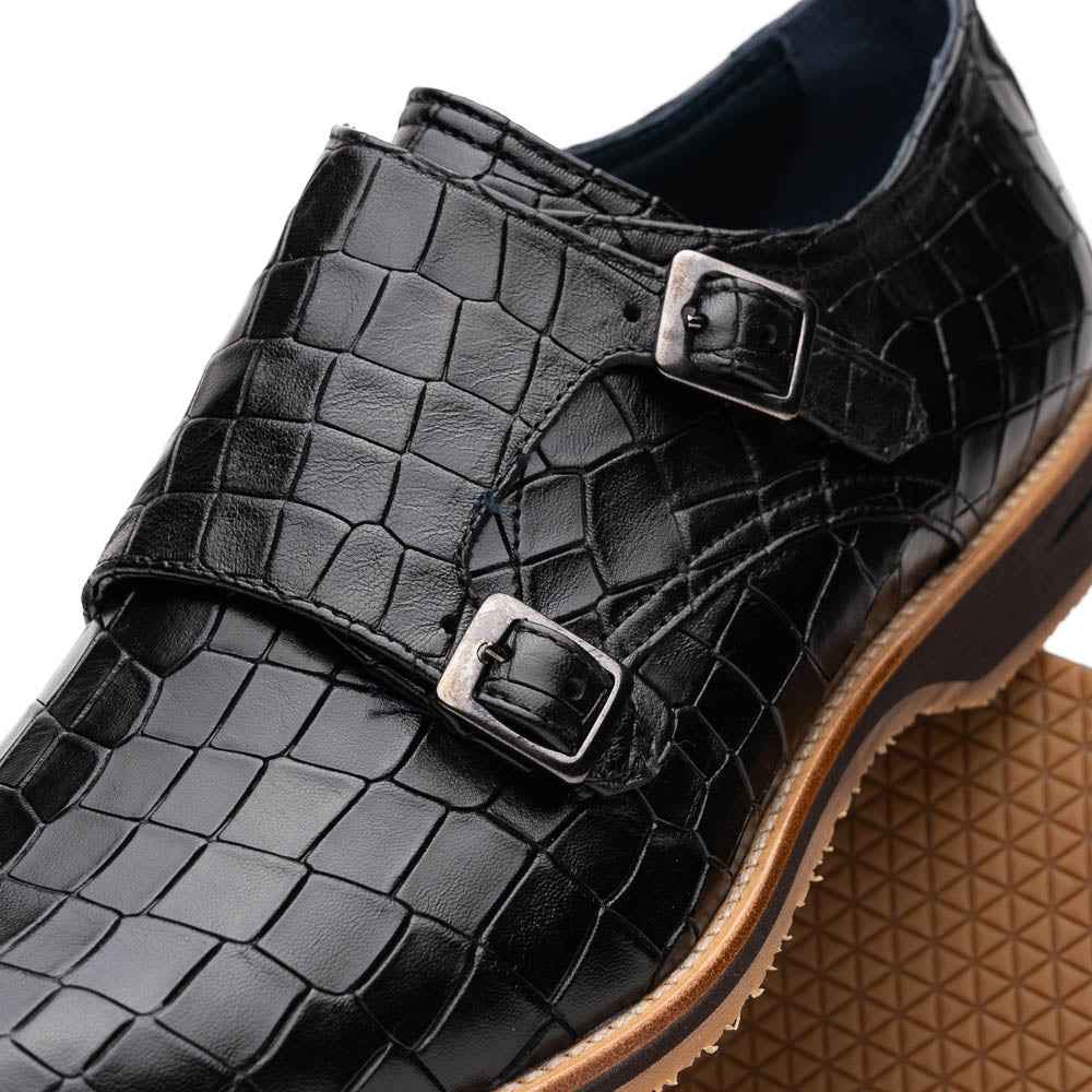 TEEK - 55-112-BLK LEGERRA Hand Burnished Crocodile Print Monkstrap Black SHOES TEEK ZI