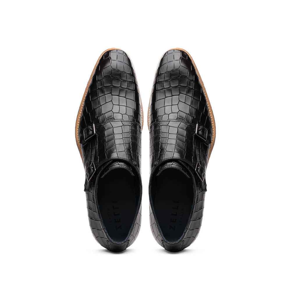TEEK - 55-112-BLK LEGERRA Hand Burnished Crocodile Print Monkstrap Black SHOES TEEK ZI