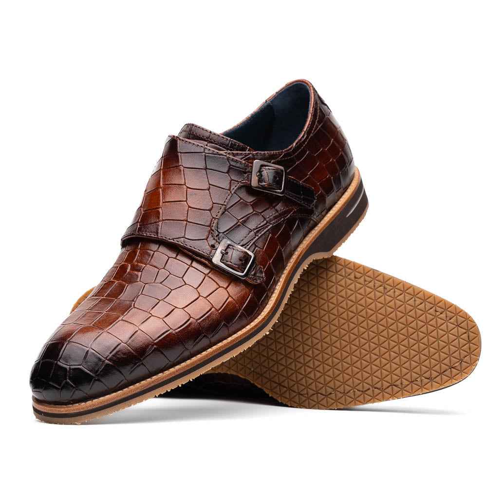 TEEK - 55-112-CGN LEGERRA Hand Burnished Crocodile Print Monkstrap Cognac SHOES TEEK ZI Cognac 8.5 M